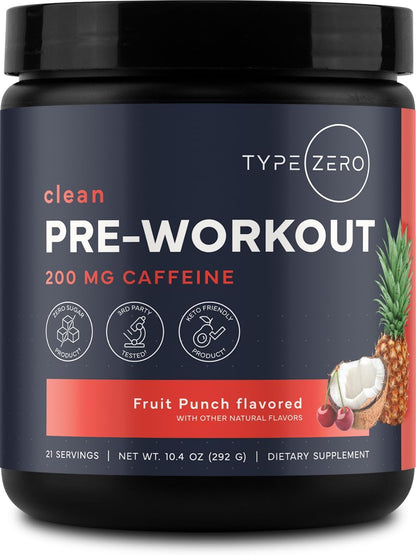 Type Zero Clean Pre Workout Powder (Fruit Punch) 21 Servings | 200mg Natural Caffeine, L-Citrulline Malate, Beta Alanine, Alpha GPC, Huperzine A, Himalayan Salt, Sugar Free