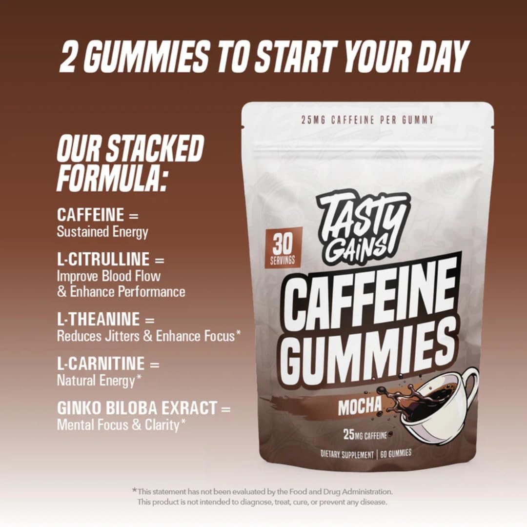 TASTY GAINS Caffeine Pre Workout Gummies – Fast Acting Energy Gummies for Men & Women, 25mg Caffeine Per Gummy, Workout Focus & Endurance Support