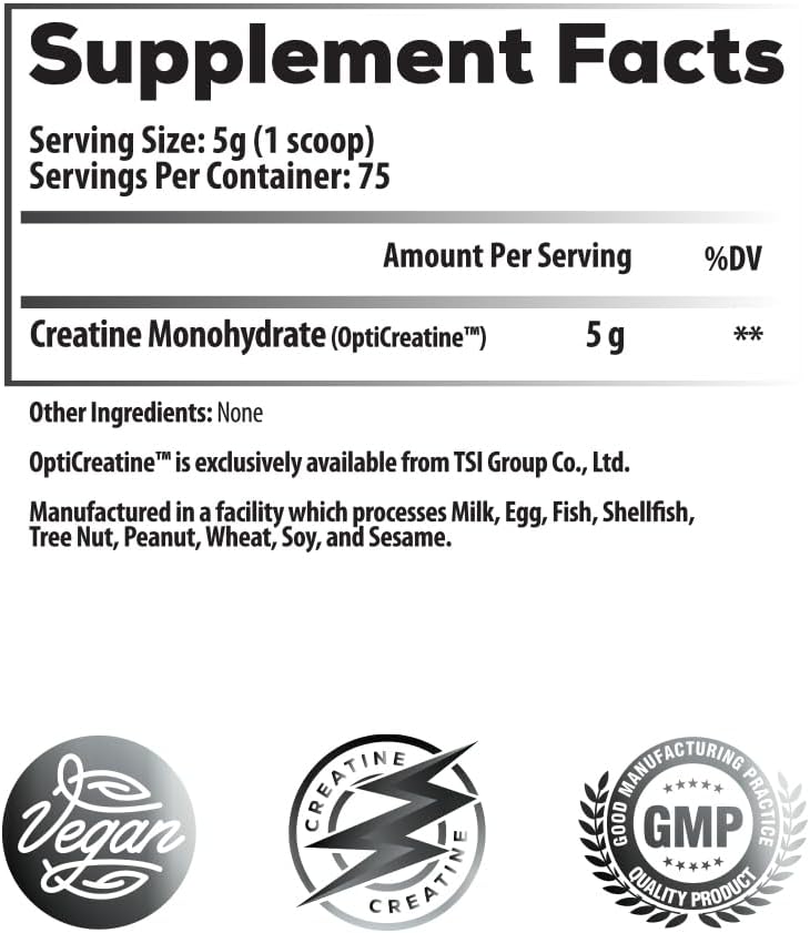 Pure Micronized Creatine Monohydrate: OptiCreatine Instant Mix Ultra Fine Powder - Supports Muscle Strength, Cellular Energy & Brain Function - No Grit or Clumps, Unflavored, 75 Servings, Vegan