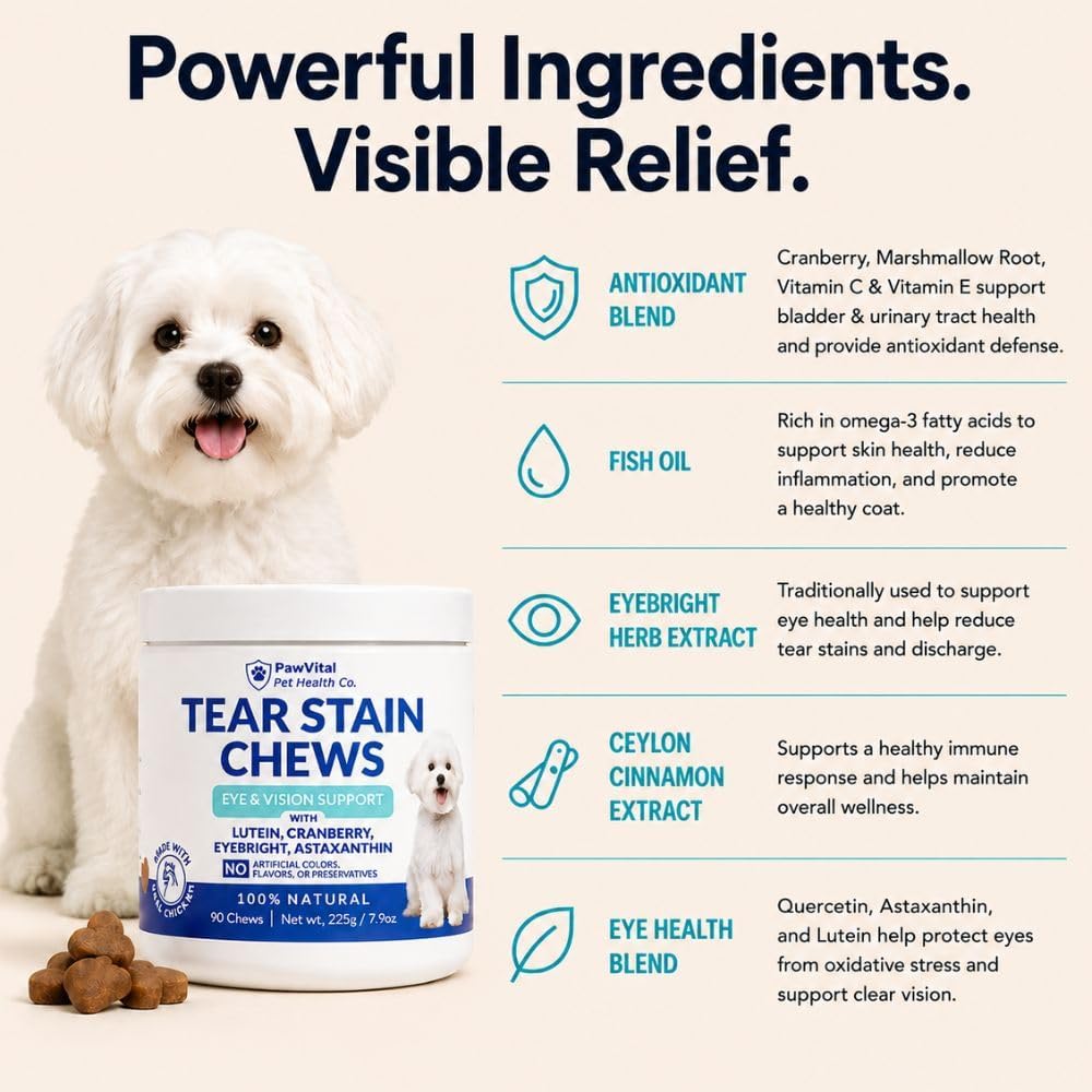 Tear Stain Chews for Dogs – Natural Tear Stain Remover & Eye Health Supplement with Cranberry, Lutein & Eyebright – Reduces Tear Stains, Supports Vision & Promotes Clear Eyes – 90 Soft Chews
