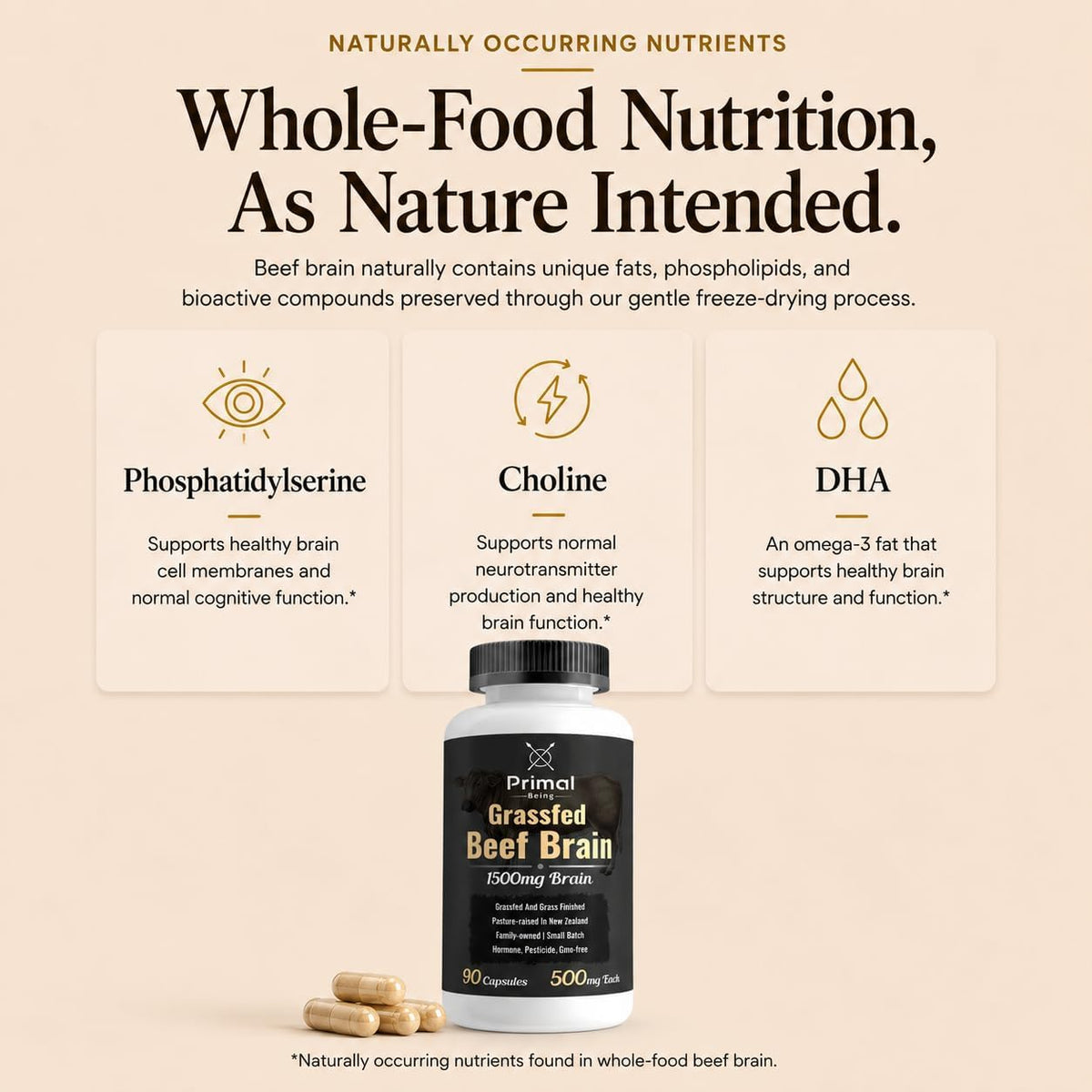 Primal Being Grassfed Beef Brain, Supports Memory, Mood, Focus, Energy, Cognitive Health - 90 Capsules, 1500mg per Serving
