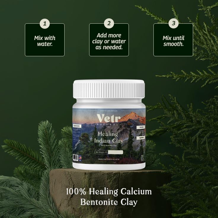 vetr Naturals Healing Indian Clay - Organic Natural Bentonite Clay 1 lb - Deep Pore Cleansing Facial, Hair & Body Mask - 100% Pure Calcium Bentonite for Detox & Skin Care