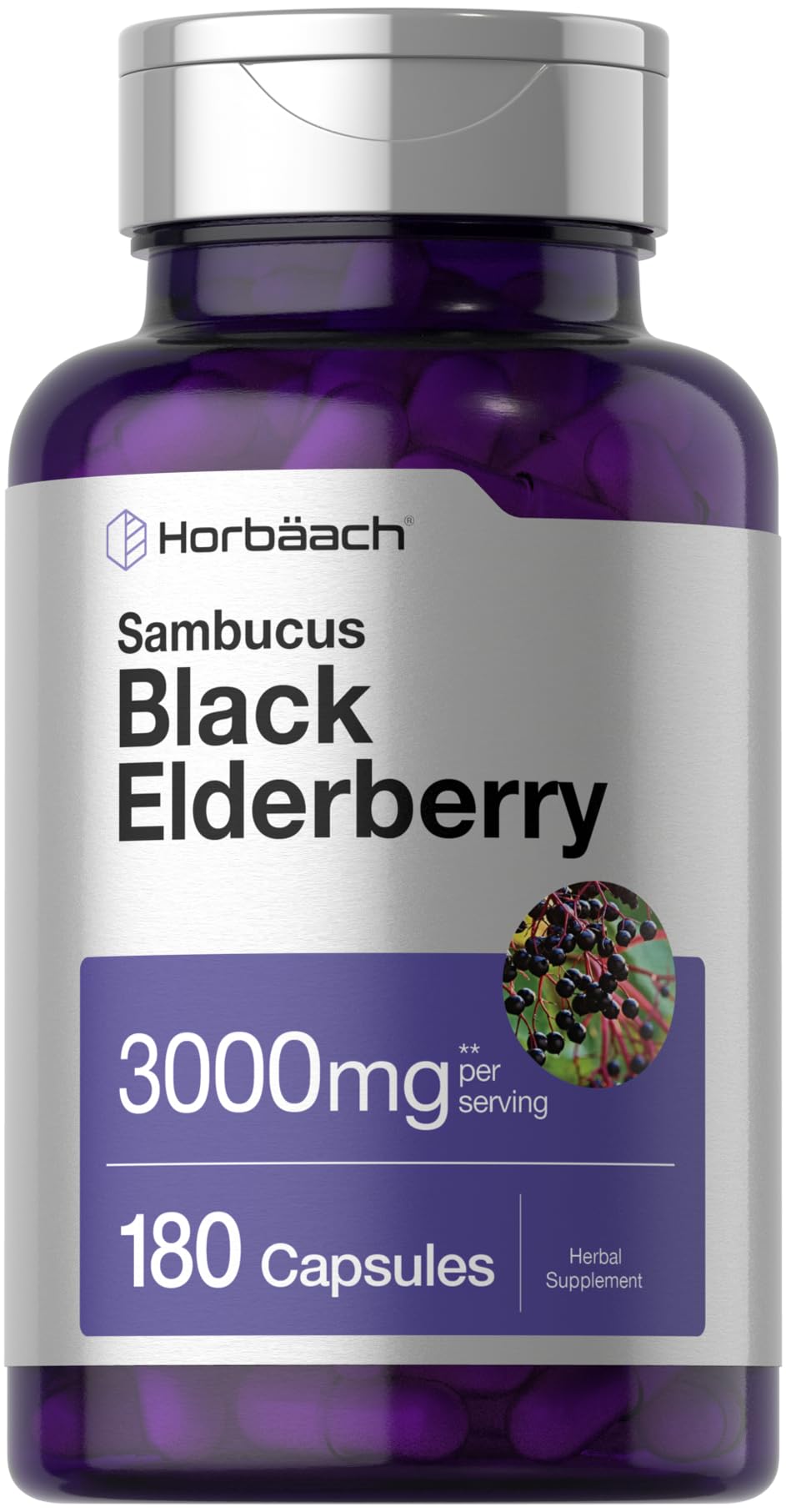 Horbäach Black Elderberry | 180 Count | Non-GMO, Gluten Free | Sambucus Extract Supplement
