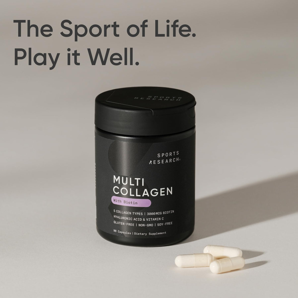 Sports Research® Multi Collagen Pills for Women & Men - Collagen Peptides (Type I, II, III, V, X) Enhanced with Hyaluronic Acid & Vitamin C - Gluten Free · Non-GMO - 90 Capsules