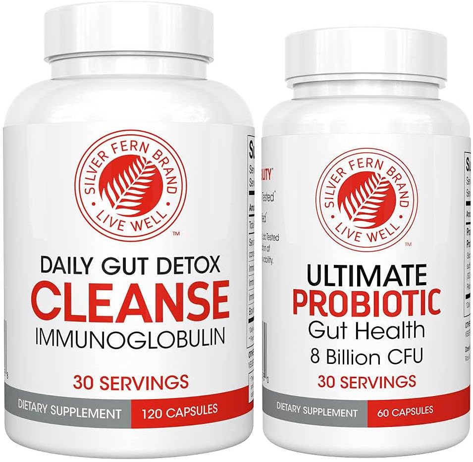 Silver Fern Gut Rehab Kit - 30 Day Supply - Cleanse Daily | (1 Bottle = 120 Capsules) & Ultimate Probiotic (1 Bottle = 60 Capsules) - Immunoglobulins & Spore Forming Probiotics
