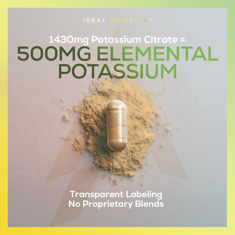 High Potency Potassium Citrate 1400mg – Potassium Supplement for Electrolyte Balance, Heart, Muscle & Nerve Function – Elemental Potassium 500mg – Vegan – 240 Capsules