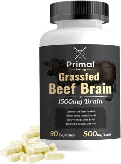 Primal Being Grassfed Beef Brain, Supports Memory, Mood, Focus, Energy, Cognitive Health - 90 Capsules, 1500mg per Serving