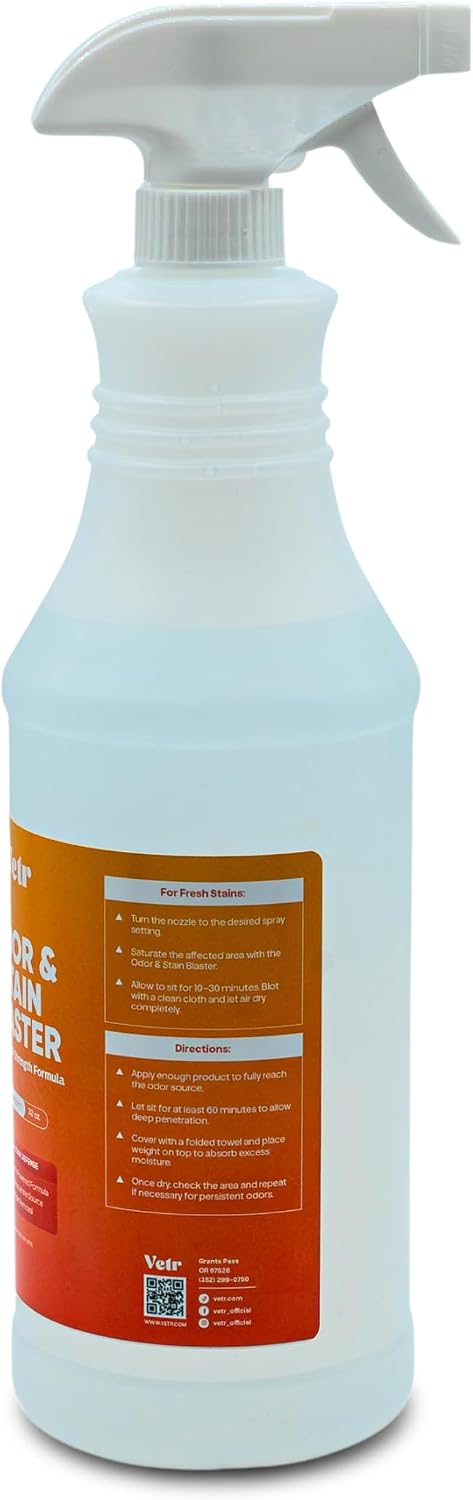vetr Pet Odor & Stain Blaster - Enzyme Pet Stain & Odor Removal Spray - 32 oz Bottle for Carpet, Upholstery & Floors - Rid of Dog & Cat Urine, Vomit & Messes