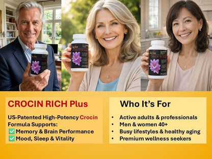 Crocin Brain Supplement for Memory, Focus & Mood | CROCIN RICH Plus, 30CT | 75% High-Purity Crocin; Clinically Relevant Dose; Not Standard Saffron Extract; U.S. Patented Formula; Mood; Healthy Aging