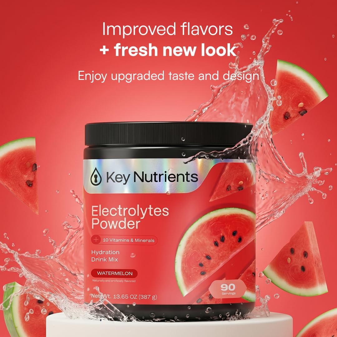 KEY NUTRIENTS Electrolytes Powder Bundle, Sweet Cherry Pom 90 Servings Jar + Juicy Watermelon 90 Servings Jar, Sugar Free Hydration Drink Mix with Vitamins & Minerals, No Calories
