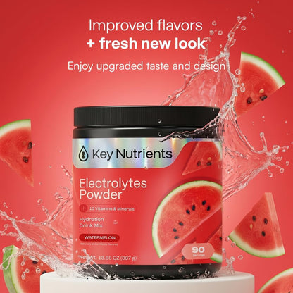 KEY NUTRIENTS Electrolytes Powder Bundle, Sweet Cherry Pom 90 Servings Jar + Juicy Watermelon 90 Servings Jar, Sugar Free Hydration Drink Mix with Vitamins & Minerals, No Calories