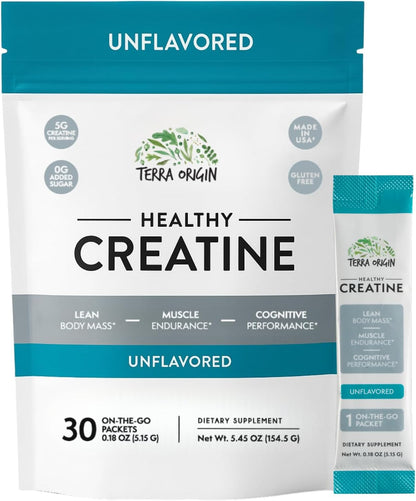 TERRA ORIGIN Healthy Creatine Micronized Monohydrate Powder | 30 Stick Packs | Support for Muscle and Cognitive Performance* | Supplement for Women and Men | Unflavored, Gluten Free, Zero Sugar