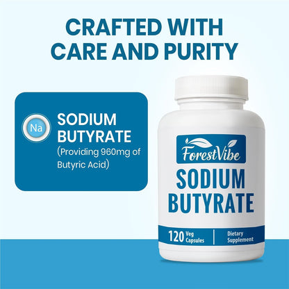 Sodium Butyrate Supplement 1200mg, Yielding 960mg Butyric Acid, 120 Vegan Capsules, 2 Month Supply, Non-GMO & Gluten Free Postbiotic Supplement