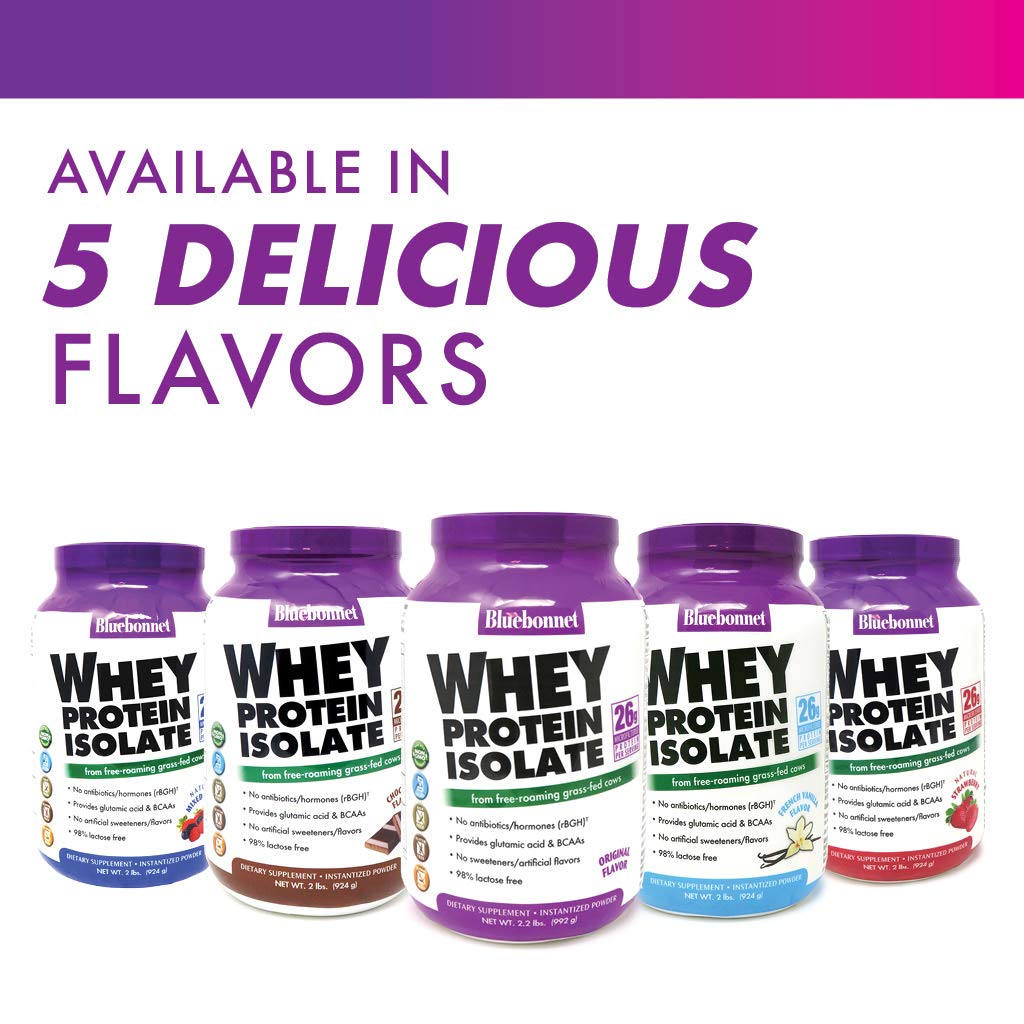 BlueBonnet Nutrition Whey Protein Isolate Powder From Grass Fed Cows, 26g of Protein, No Sugar Added, Gluten & Soy free, kosher Dairy, 2 Lbs, 28 Servings, French Vanilla Flavor