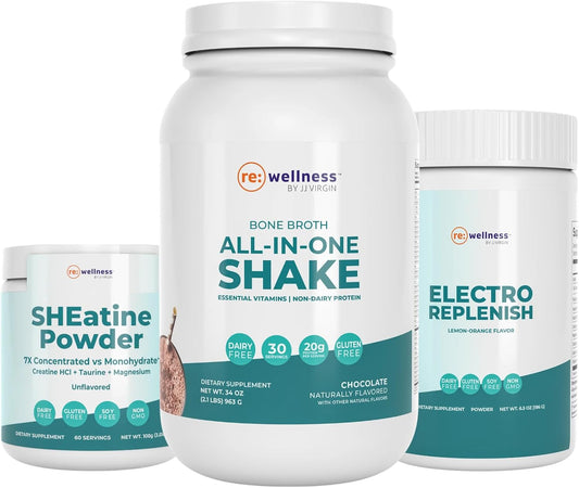 Reignite Wellness by JJ Virgin SHEatine Powder (Unflavored), ElectroReplenish, and Bone Broth All-in-One Shake (Chocolate)