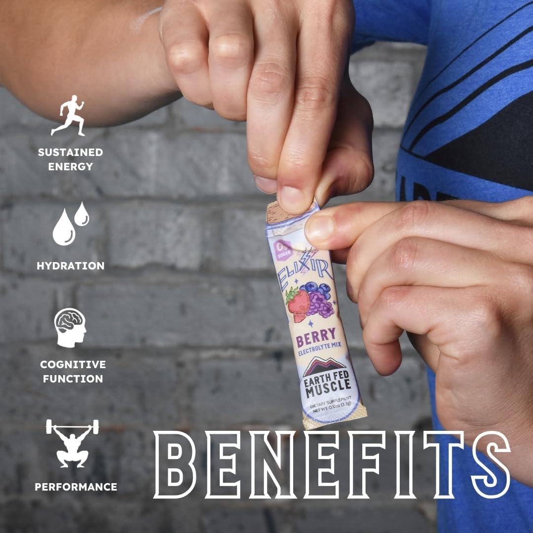 Earth Fed Muscle Elixir Electrolyte Powder Packets - Berry Flavor with Himalayan Sea Salt - Sugar Free, Stevia Sweetened - 3X Electrolytes - 30 Single Serve Hydration Drink Mix Sticks