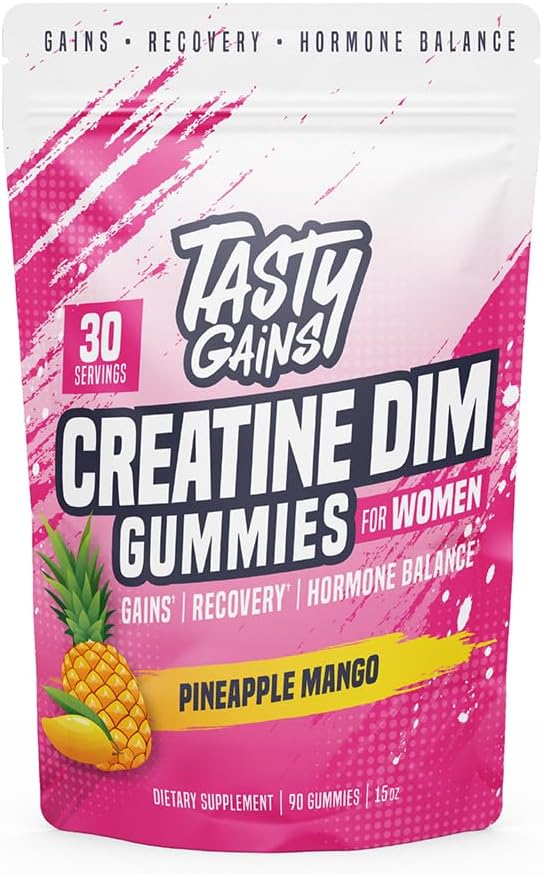 Creatine Gummies for women | 3g Creatine Monohydrate Per Serving | DIM Supplement 100 mg | Estrogen Balance for Women | Hormonal Acne, Hormone Balance, Glute Builder (90 Count, Pineapple Mango)