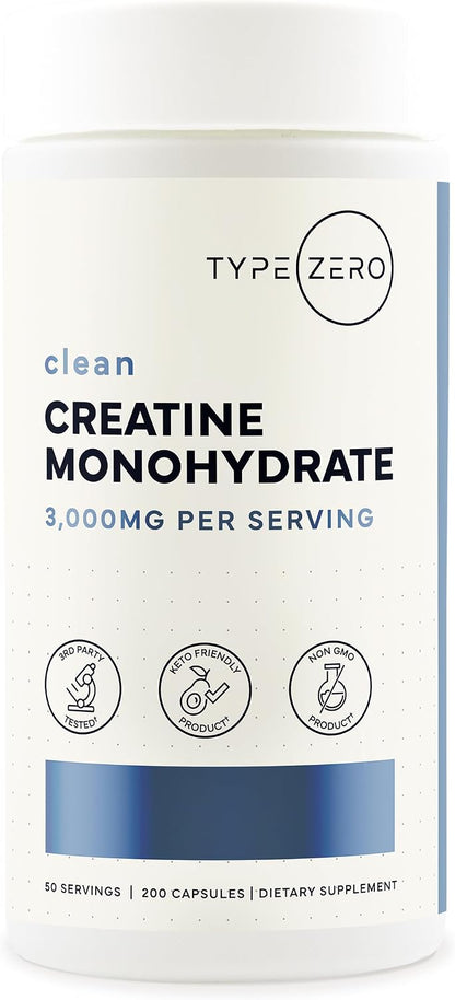 Type Zero Clean Creatine Monohydrate Capsules (3,000mg) 200 Count | Pure Micronized Creatine Supplement, 50 Servings