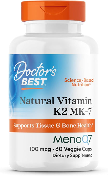 Doctor's Best Natural Vitamin K2 MK7 Supplement for Men & Women - Bone Health Support, 100 mcg Vitamin K-2 MK-7 Capsules with MenaQ7, Calcium Support, Non GMO, Vegan - 60 Veg Caps
