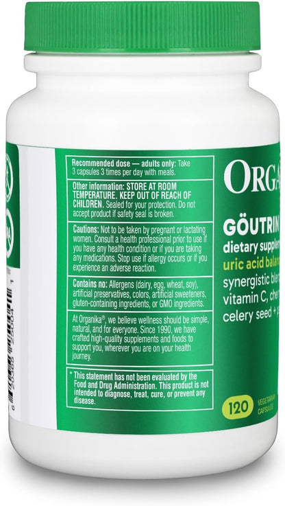 Organika Goutrin Uric Acid Flush for Gout (120 Caps): Gentle Gout Support with Cherry, Thyme, Celery Seed, Peppermint, & VIT C: Clean & Vegan Gout Supplements for Men & Women - Metabolism & Mobility