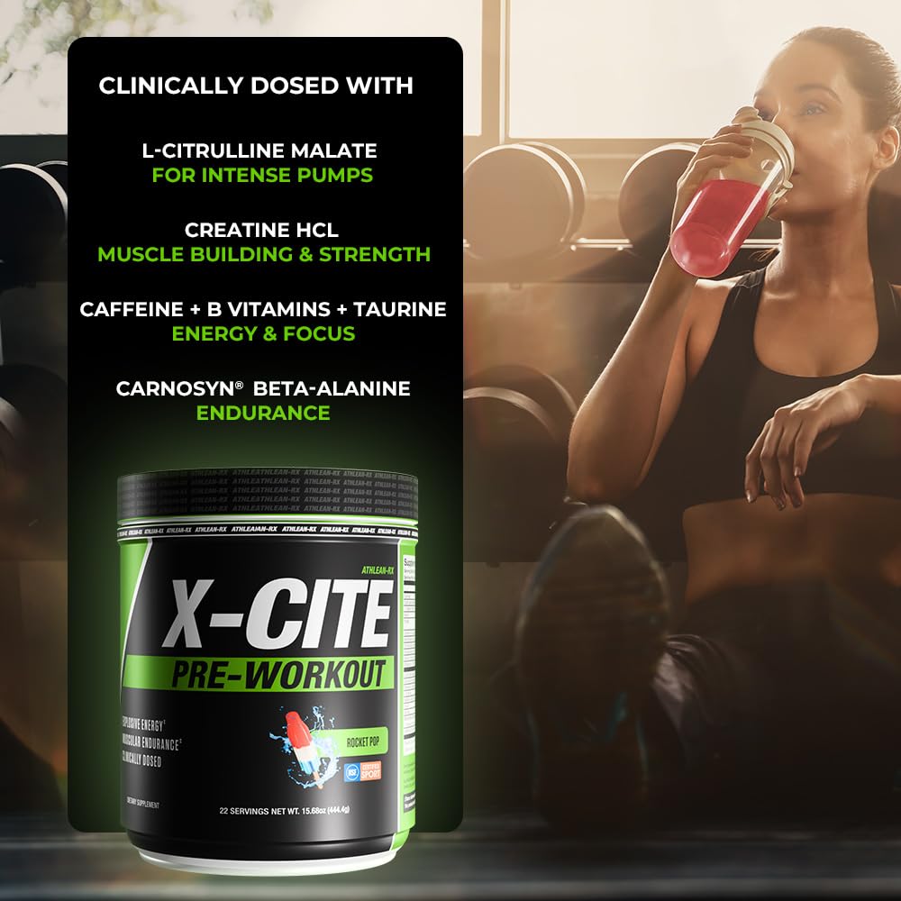X-CITE Pre-Workout by ATHLEAN-X - Enhanced Formula with Beta-Alanine, Creatine & Caffeine for Ultimate Energy, Endurance, Focus & Muscle Pump, NSF Certified for Sports (Cherry Lemon Ice)