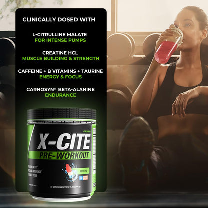 X-CITE Pre-Workout by ATHLEAN-X - Enhanced Formula with Beta-Alanine, Creatine & Caffeine for Ultimate Energy, Endurance, Focus & Muscle Pump, NSF Certified for Sports (Cherry Lemon Ice)