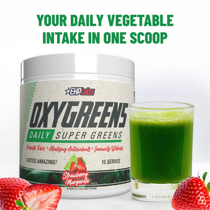 EHP Labs OxyGreens Super Greens Powder with Spirulina & Chlorella, Prebiotic Fiber, Probiotics & Digestive Enzymes – Antioxidant Green Superfood Supplement - 15 Serves (Pineapple)