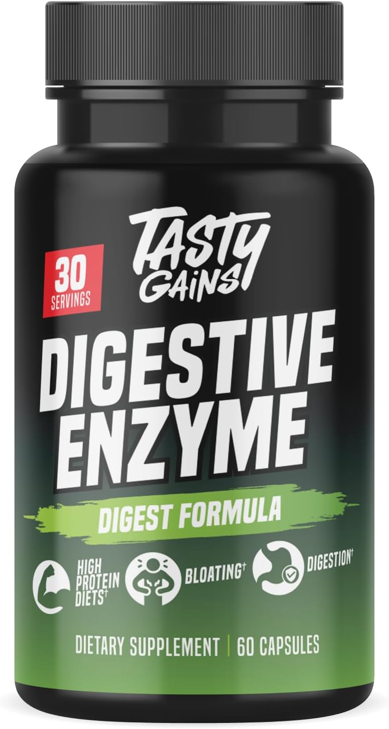 TASTY GAINS - Complete Digestive Enzymes Supplement for Gut Health - Bloating Relief for Men and Women - Enzymes for Digestion - Food Discomfort Relief & Debloat (60 Capsules)
