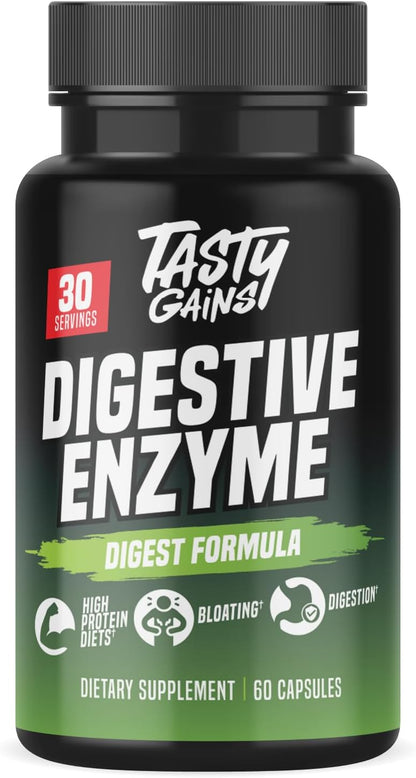 TASTY GAINS - Complete Digestive Enzymes Supplement for Gut Health - Bloating Relief for Men and Women - Enzymes for Digestion - Food Discomfort Relief & Debloat (60 Capsules)