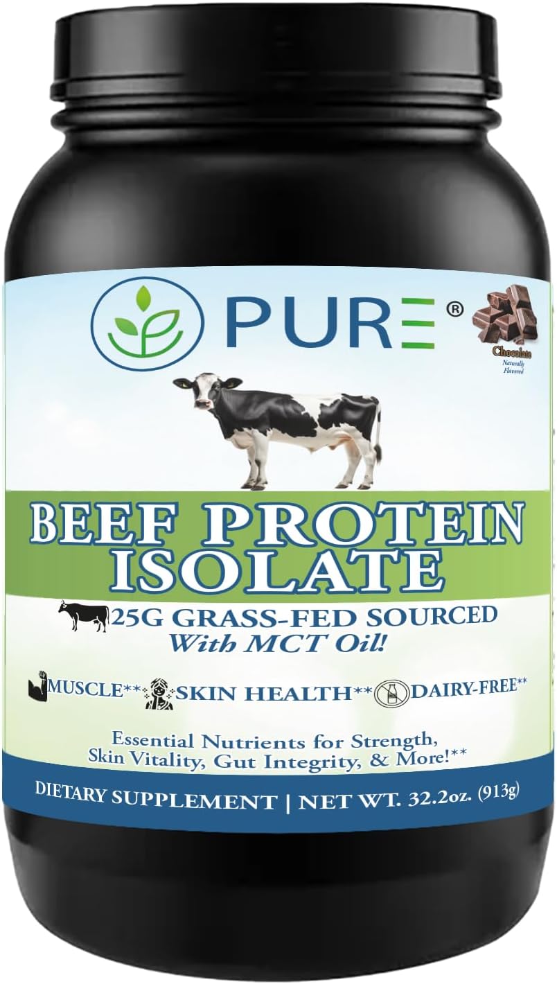 PURE® Grass-Fed Beef Protein Isolate Powder - 25g Protein, 28 Servings - Dairy-Free Paleo & Keto Friendly Protein with MCT Oil, Probiotics & Natural Collagen - No Whey or Lactose - Chocolate 913 Grams