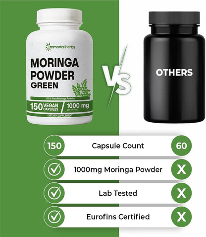 Moringa Capsules 1000mg, 20:1 Pure Moringa Leaf Powder Extract, 150 Vegan Pills, 2.5 Month Supply, Non-GMO & Gluten Free Oleifera Green Superfood Supplement