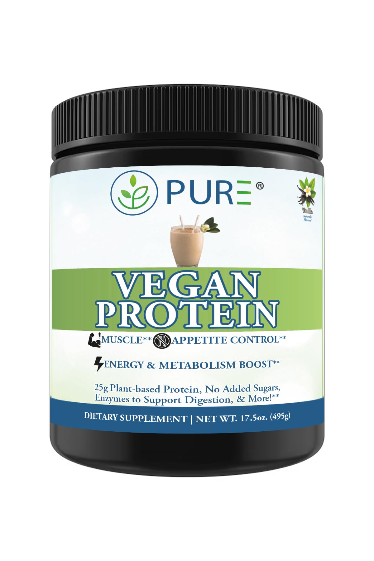 PURE® Vegan Protein Powder - 25g Plant Based Protein, 15 Servings - Pea & Mung Bean Blend with Digestive Enzymes - Dairy-Free - Muscle Recovery & Appetite Control - Chocolate 525 Grams