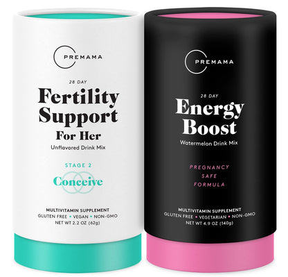 Premama Prenatal Vitamin Energy Boost Drink Mix & Fertility Support Bundle, Omega 3, B Vitamins