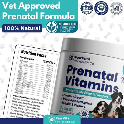 Dog Prenatal Vitamins for Pregnant & Nursing Dogs – 120 Soft Chews with Folic Acid, DHA, Choline, Iron & Calcium – Prenatal Multivitamin Supplement for Puppy Development, Pregnancy & Lactation Support