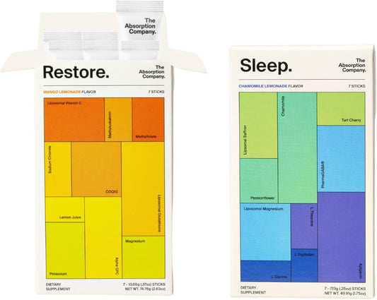 The Absorption Company Powder Bundle - Sleep & Restore Supplement Packs (7) | Workout Recovery Mix, Energy Hydration Boost + Calming Sleepy Drink Packs, No Melatonin, Vitamin Health Kit, High Absorption