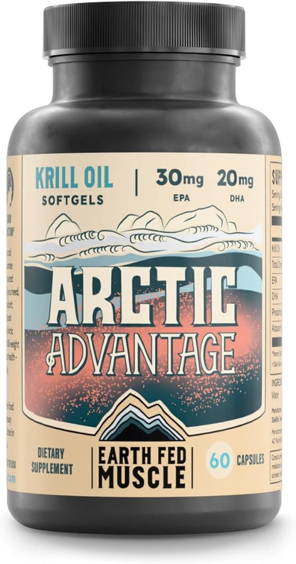 Earth Fed Muscle Arctic Advantage Krill Oil 500mg softgels, Omega-3 DHA & EPA for Heart, Brain, Eye & Joint Health Support, No Fishy Aftertaste, Non-GMO, Gluten-Free Antartic Krill Oil - 60 Capsules