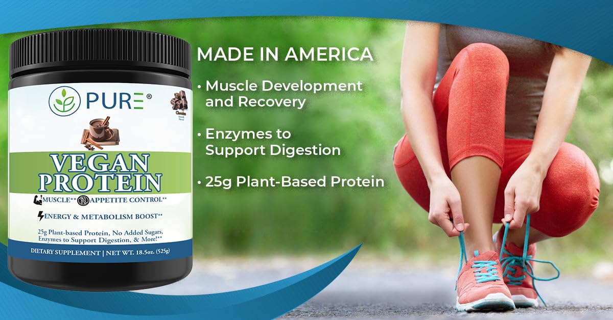 PURE® Vegan Protein Powder - 25g Plant Based Protein, 15 Servings - Pea & Mung Bean Blend with Digestive Enzymes - Dairy-Free - Muscle Recovery & Appetite Control - Chocolate 525 Grams