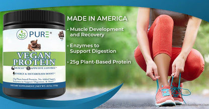 PURE® Vegan Protein Powder - 25g Plant Based Protein, 15 Servings - Pea & Mung Bean Blend with Digestive Enzymes - Dairy-Free - Muscle Recovery & Appetite Control - Chocolate 525 Grams