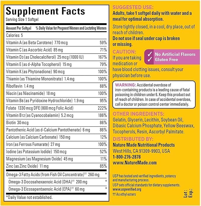 Nature Made Prenatal Multi Folic Acid + 200mg DHA, Prenatal Vitamin and Mineral Supplement