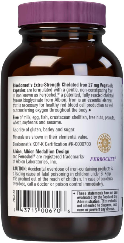 Bluebonnet Nutrition Albion Extra-Strength Chelated Iron 27 mg, For Healthy Red Blood Cell production*, Soy-Free, Gluten-Free, Non-GMO, Kosher, Dairy-Free, Vegan, 90 Vegetable Capsule, 90 Serving