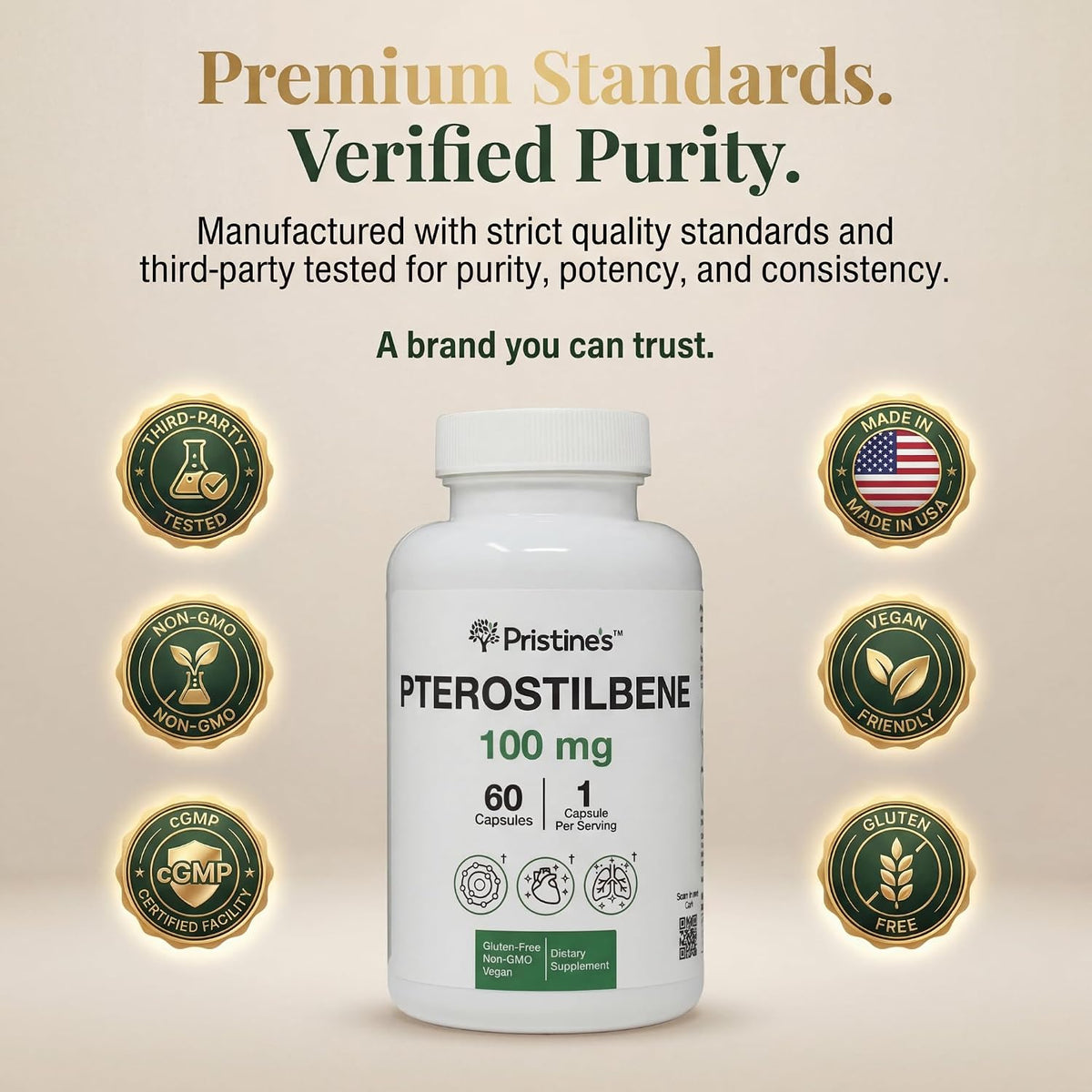 PRISTINE'S Pterostilbene 100mg Healthy Aging Capsules, Vegan, 60 Day Supply | Antioxidant and healthy aging support in a focused polyphenol capsule. 60 day supply, vegan, non-GMO, gluten-free glass.