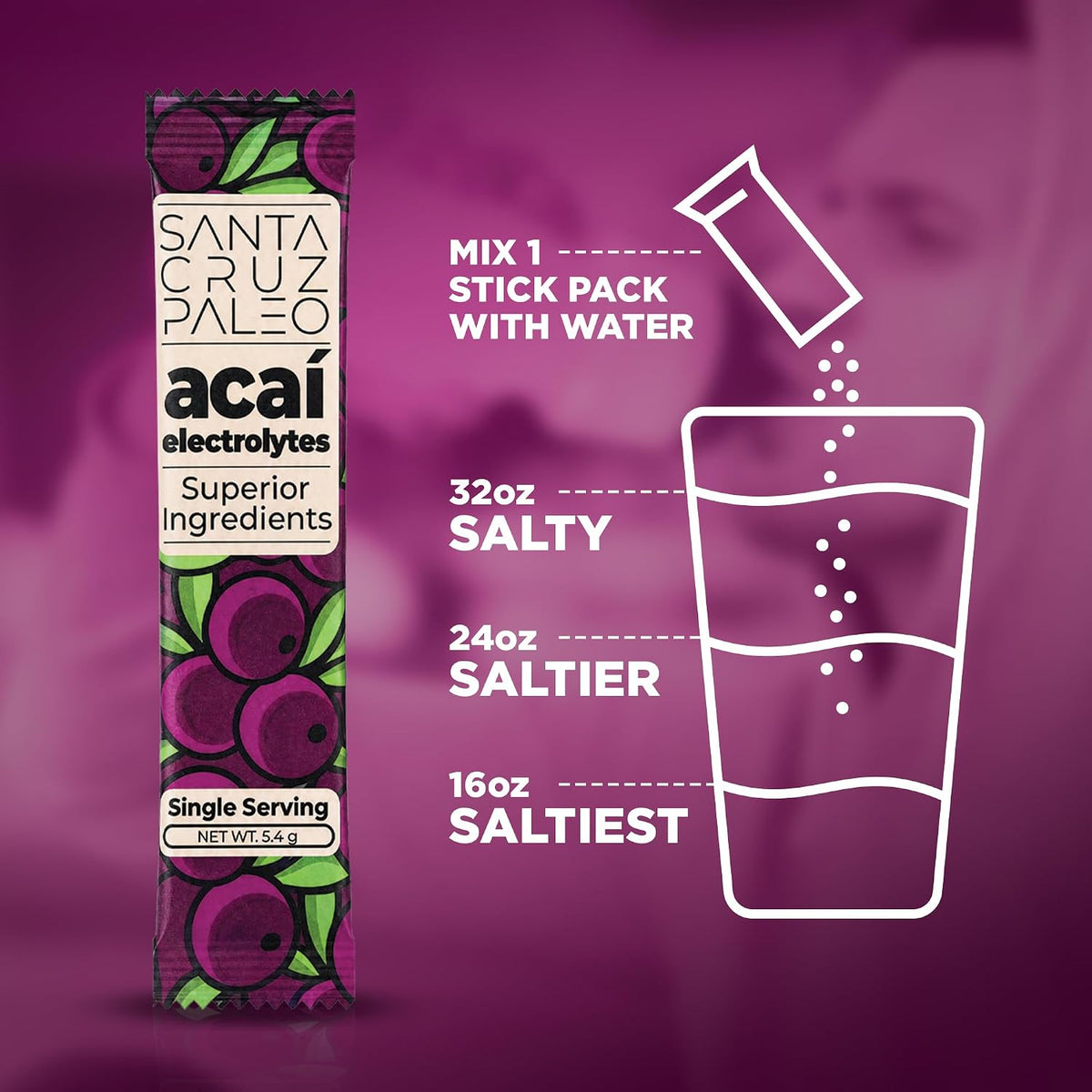 Santa Cruz Paleo Electrolyte Powder Sticks, Acai, Magnesium, Potassium, 12 Servings
