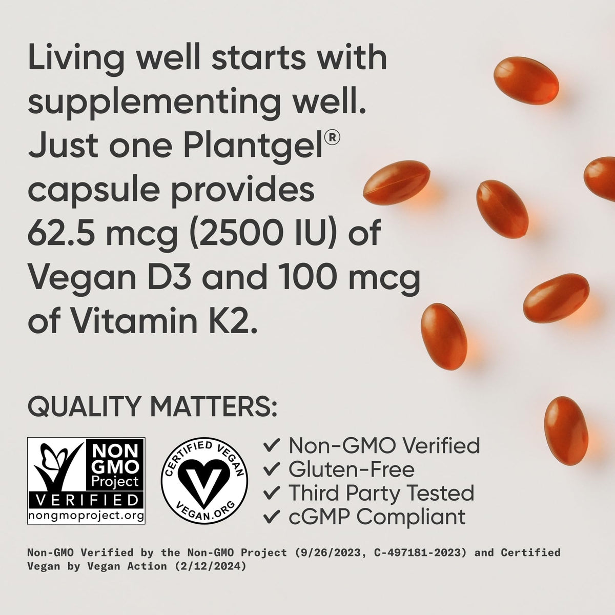 Sports Research® Vitamin D3 + K2 w/Coconut Oil - Vegan Vitamin D 2500iu (62.5mcg) & Mk7 Vitamin K 100mcg for Bone & Immune Support - Vegan Certified · Non-GMO · Soy Free - 60 Softgels