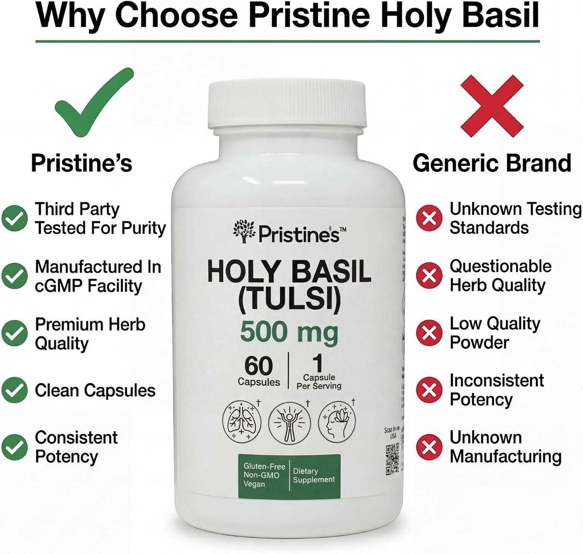 PRISTINE'S Holy Basil Tulsi 500mg Adaptogen Capsules, Vegan, 60 Day Supply | Calm and relaxation support in a simple Tulsi (holy basil) capsule routine. 60 day supply, vegan, non-GMO, gluten-free
