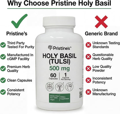 PRISTINE'S Holy Basil Tulsi 500mg Adaptogen Capsules, Vegan, 60 Day Supply | Calm and relaxation support in a simple Tulsi (holy basil) capsule routine. 60 day supply, vegan, non-GMO, gluten-free