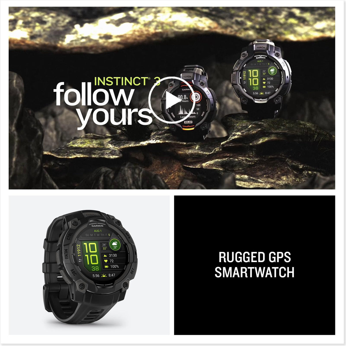 Garmin Instinct® 3 AMOLED, Rugged GPS Smartwatch, 45mm, Black