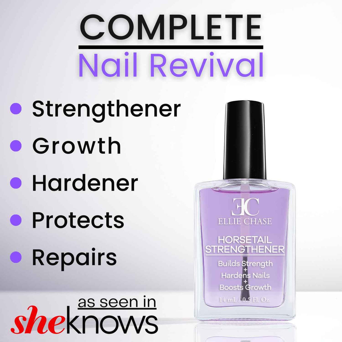 Ellie Chase Horsetail Nail Strengthener, Growth, Hardener, Repair Treatment Polish 0.5 OZ/Help Splits, Breaks, Thin, Weak