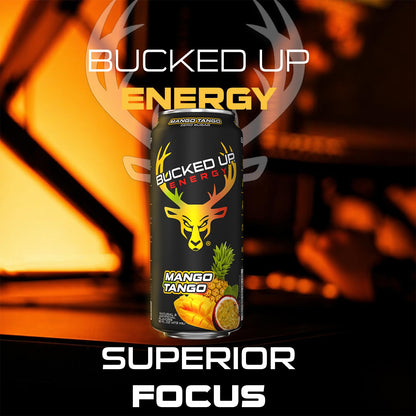 Bucked Up Energy Zero Sugar | 300mg Caffeine Energy Drink with AlphaSize TeaCrine Dynamine and Huperzine A | Zero Sugar Performance Beverage, 12 Pack, 16 fl oz Cans (Mango Tango)