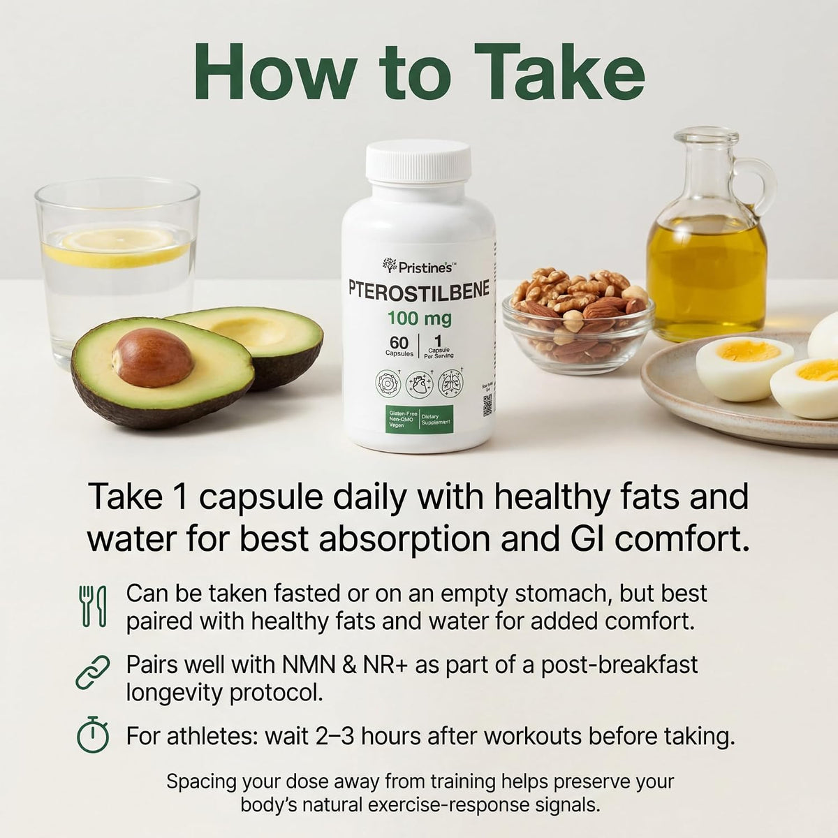 PRISTINE'S Pterostilbene 100mg Healthy Aging Capsules, Vegan, 60 Day Supply | Antioxidant and healthy aging support in a focused polyphenol capsule. 60 day supply, vegan, non-GMO, gluten-free glass.