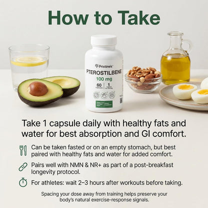 PRISTINE'S Pterostilbene 100mg Healthy Aging Capsules, Vegan, 60 Day Supply | Antioxidant and healthy aging support in a focused polyphenol capsule. 60 day supply, vegan, non-GMO, gluten-free glass.